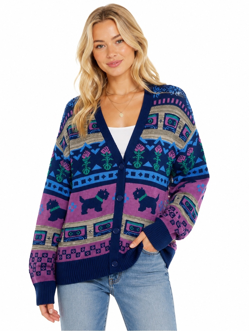 Stranger Things Size Large Navy & Purple Button-Front Women's Cardigan Sweate